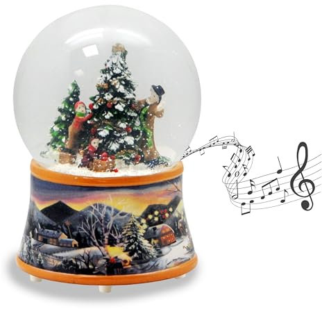 Schneekugel Christbaum schmücken | Sockel nostalgische Winterlandschaft Ocker | mit Spieluhr | Schüttelkugel Weihnachtsdekoration | B: 10 cm H: 14 cm | 20273