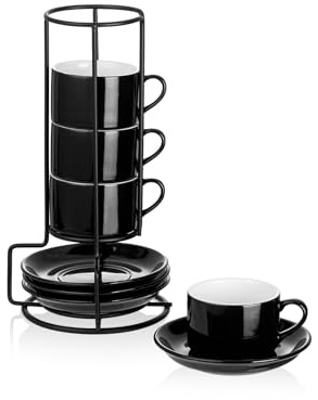 Meichu 2.5oz Espresso Cups Set of 4, Porcelain Stackable Espresso Cups with Saucers and Metal Stand Set, Black Expresso Shots Cup Set for Cappuccino, Coffee Drinks, Latte, Tea