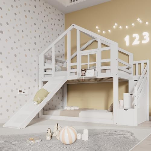 Ymkua Etagenbett Kinderbett 90x200 mit Stauraum Treppe, Hochbett mit Rutsche & Leiter, Hausbett Jugendbett mit Rausfallschutz für 2 Kinder, Baumhaus Bett Bettgestell mit Lattenrost,Weiß,Ohne Matratze
