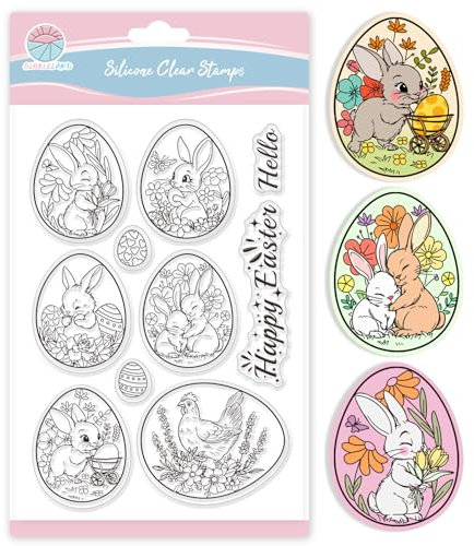 GLOBLELAND Transparente Silikonstempel mit Ostereiern zum Gestalten von Karten - Osterhase, Grüße, Frohe Ostern, Hallo - DIY Scrapbooking Prägung