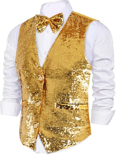 Dress Up America Sequin Vest with Bowtie - Sparkly Vest for Men (Gold, Small)