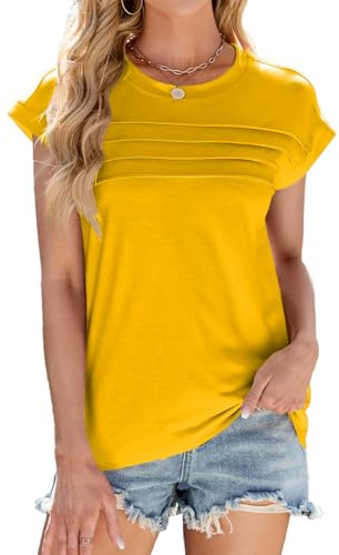 ASKSA Womens Cap Sleeve T Shirts Summer Loose Fit Tee Shirt Basic Round Neck Tops Casual Tunic Blouses (Yellow,M)