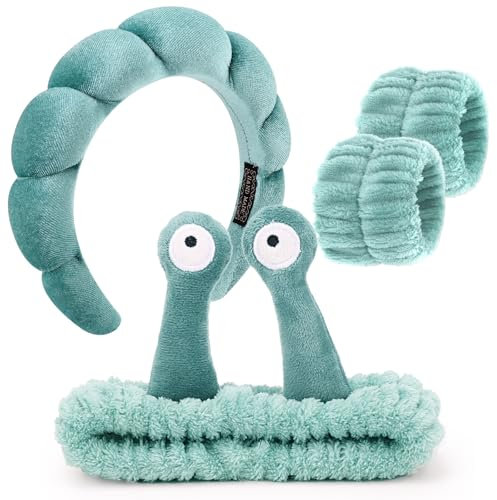 DRESHOW Spa Stirnband zum Waschen Gesicht Armband Schnecke Haare Bands Set Elastische Make Up Schwamm Weichem Frottee Hautpflege Rutschfest Stirnband Cartoon für Damen