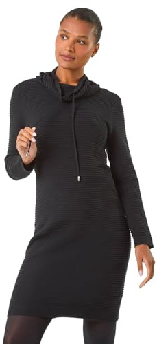 Roman Originals Ribbed Cowl Neck Jumper Dress for Women UK - Ladies Everyday Autumn Winter Comfy Soft Evening Vacation Work Party Night Out - Black - Size 20