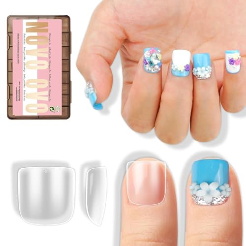 NOVO OVO Extra Short XS XXS Square Round Nail Tips for Wide and Short Nail Beds, Thick Full Cover False Nails Press on for Men Women, Soft Gel for Acrylic Fake Nails Extension kit, 16 Sizes x 320pcs