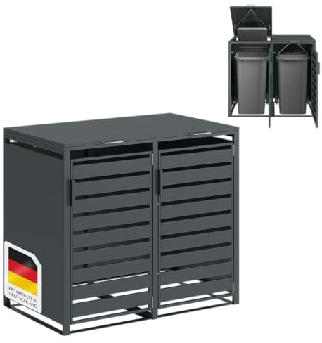 STEELSØN Kestra Mülltonnenbox 2er bis 240L, Anthrazit, Stahl, UV-beständig | Mülltonnenverkleidung mit Sichtstreifen, hochwertiger Müllcontainer für 2 Tonnen, Müllbox, Gerätebox, wetterfest, Outdoor