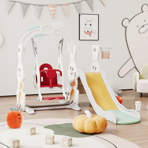 4-in-1 Rutsche für Kleinkinder, Indoor- Spielplatz Kinderrutsche Set mit Schaukel, Klettergerüst, Basketballkorb - Kinder Rutsche Spielset für Indoor Spielplatz,Geschenk (Weiß)