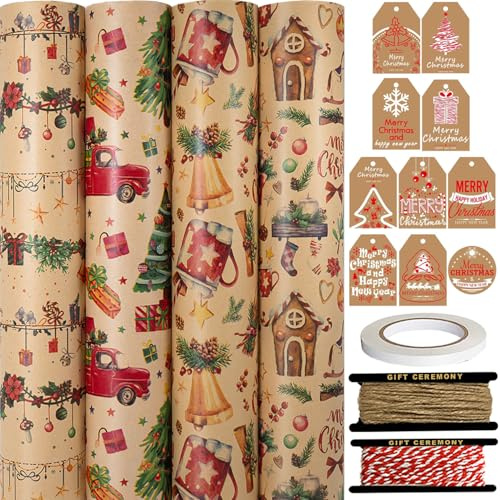 HaloCasa Christmas Wrapping Paper Rolls - 4 Recyclable Brown Kraft Paper Rolls (43cm x 3m) with Gift Tags, Jute Twine, Double-Sided Tape for Gift Wrapping, Advent Calendar