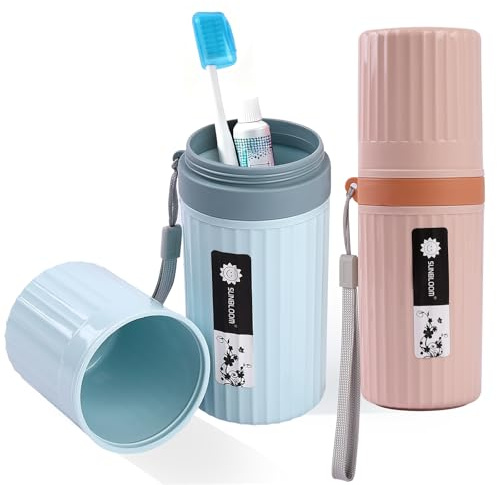 Honosen 2 Stück Zahnbürsten Etui Set, Wasserdichtes Zahnbürsten Etui, Reise Zahnputzbecher mit 2 Zahnbürstenkopf-Schutzkappen, Reise Wasser Becher Set für Camping, Reisen und Zuhause (Blau + Rosa)