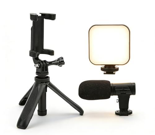 QWUUYEC Smartphone Vlogging Kit, Live Broadcast Phone Video Microphone Kit with Fill Light Tripod and Phone Holder - Omnidirectional Sound, Adjustable Lighting, Ideal for Video Making an