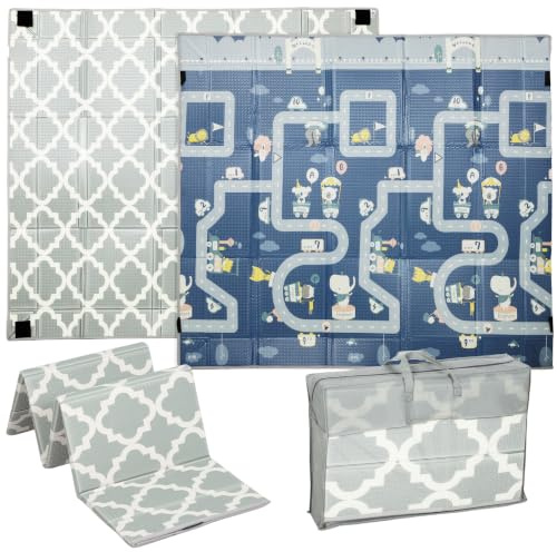 AIYAPLAY Foldable Baby Play Mat Large Traffic and Grey Diamond Theme | Double-Sided, Baby Playpen Floor Mats for Toddlers, Waterproof Foam Playmat, for Playroom and Nursery, 202 x 180.5cm
