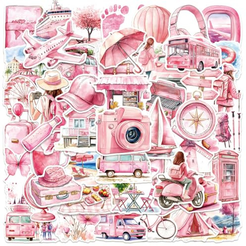 100 Stück Reise Aufkleber Outdoor, Rosa Wasserfest Vinyl, Reiseerinnerungsgeschenk für Frauen, passend für Scrapbook, Laptop, Fahrrad, Valentinstag Geschenk für Sie