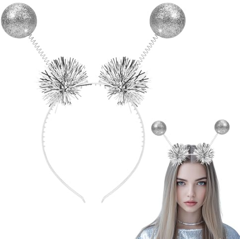 HUKUMA Alien Haarreif, Space Girl Haarreif mit 2 Glitzerkugeln Silber, Galaxy Kopfschmuck, Alien Accessoires für Karneval Fasching Halloween Cosplay Party