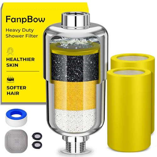 FanpBow Shower Filter for Hard Water UK - 99% Reduces Chlorine & Limescale | Helps Reduce Dry, Itchy Skin and Limescale Build-up While Keeping a Strong Water Flow - Universal Fit, 2 Cartridges Included