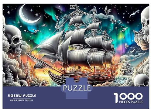 Segelbootstadt bei Nacht – 1000-teiliges Puzzle „Geisterschiff im Sturm“ für Erwachsene– Schöne Dekoration – Anspruchsvoll 70 x 50 cm