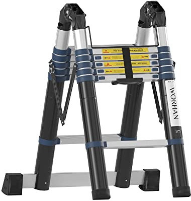 WORHAN Teleskopische 3.8m TELESKOPLEITER 2 in 1 ANLEGELEITER KLAPPLEITER ALU TELESKOP Leiter MULTIFUNKTTIONS Leiter 380cm K3.8C