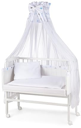 waldin Baby Beistellbett mit Matratze und Stoffen, Höhen-verstellbar, Große Liegefläche 90x55cm, Weiß Lackiert, Sterne/Blau