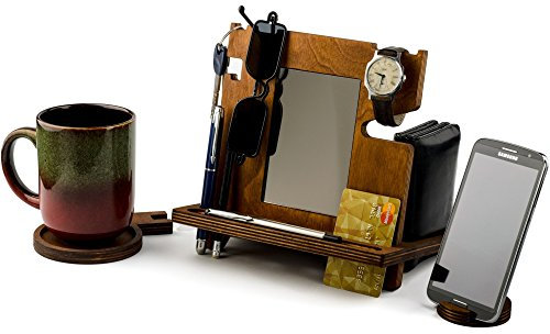 Station d'accueil en bois, organisateur de bureau pour smartphone, tablette, portefeuille, ombres, clés, cadeau de Noël pour homme, pour lui, pour mari, papa, avec miroir intégré, avec porte-cartes