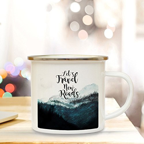 ilka parey wandtattoo-welt Emaille Tasse Becher mit Landschaft Spruch Kaffeebecher Spruchbecher Camping Becher mit Motto Zitat let's travel new roads eb36