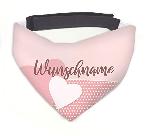 Hundehalstuch Herz rosa / weiß personalisiert inklusive Wunschname mit 12 cm Klettverschluss für kleine, mittlere und große Hunde, Hunde-Halstuch / Dreieckstuch (S = Halsumfang 32-38 cm)