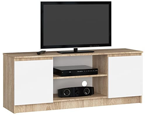 AKORD Fernsehkommode K-140 | EIN offenes Regalfach | 2 Ablagen mit Türen Links und rechts | H55 x B140 x T40 cm | Gewicht 30 kg | Gewicht 40 kg | Farbe Sonoma Eiche/Weiß