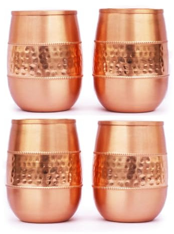 ANCIENTIMPEX Juego de 4 vasos de cobre puro (99,74%) martillados para beneficios para la salud Ayurveda, capacidad de 250 ml