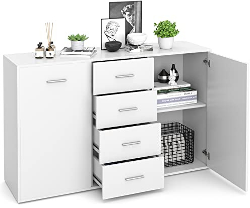 COSTWAY Sideboard mit 4 Schubladen und 4 Fächern, Kommode aus Holz, Beistellschrank modern, Schubladenkommode für Wohnzimmer, Eingangsbereich, Schlafzimmer (Weiß)