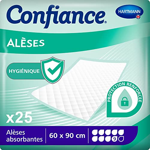 Confiance® Alèse - Alèses pour la protection de la Literie ou du Fauteuil - Niveau d'Absorption = 9 gouttes - Dimensions = 60 x 90 cm - 25 unités