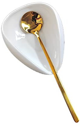 Coffee Spoon Rest, Mini Coffee Spoon Holder, Small Ceramic Spoon Rest for Coffee Stirrers, Teaspoon, Bar Spoon, Coffee Bar Accessories, Coffee Station Décor (Ture white+Gold Spoon)