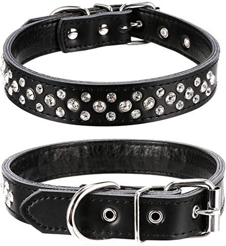 Haoyueer Hundehalsband mit Strasssteinen, verstellbar, glitzernde Kristallnieten, echtes Leder, Haustier-Hundehalsband für kleine und mittelgroße Hunde (M, Schwarz)