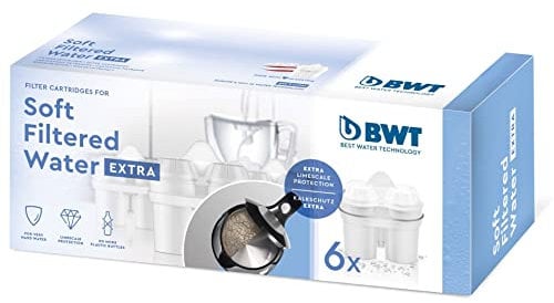 BWT Filterkartuschen SOFT FILTERED WATER EXTRA 6 Stück | Filterkartusche für Wasserfilter | Wasserfilterkartuschen | Filtert Kalk, Chlor, Blei & Kupfer | für Wasserhärte ab 15°dH geeignet