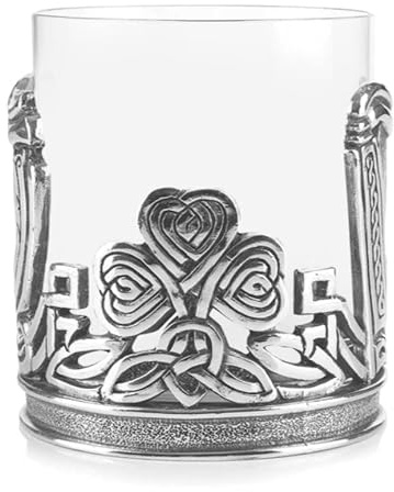 AE Williams Whiskyglas mit irischem keltischem Kleeblatt und Harfe aus Zinn
