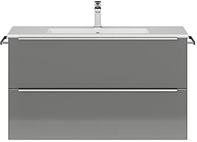 Lomadox Badezimmer Waschtisch, 101cm breit, mit Waschbecken in Hochglanz grau, Griffleisten edelstahlfarben, B/H/T ca. 101/59,1/48,7 cm