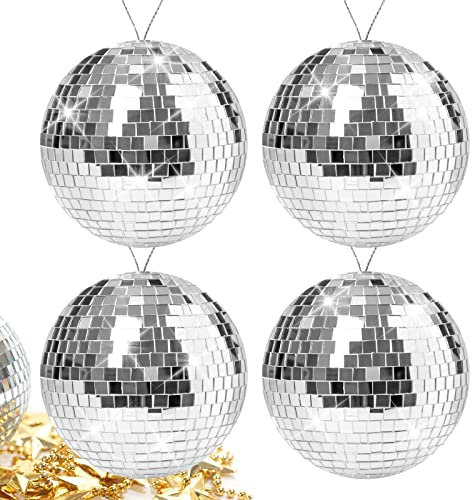 10cm Spiegelkugel Discokugel, 4 Stück Silber Spiegelkugel Disco Kugel Disco Ball Mirrorball Hängekuge für Party Geburtstag Hochzeit Dekoration Lichteffekt