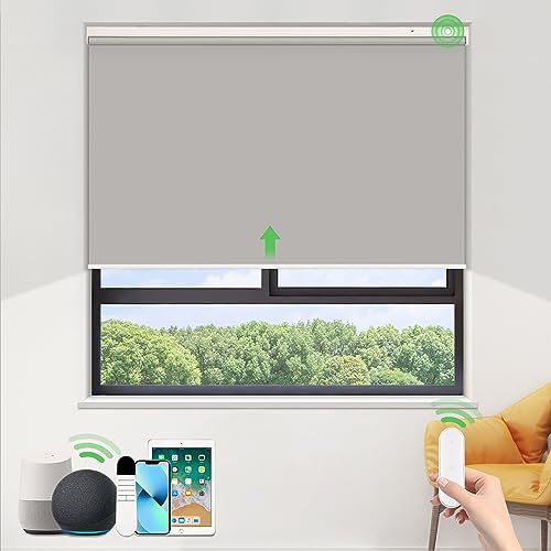 HOMEDEMO Elektrische Rollos Wiederaufladbare Verdunklungsrollo mit Motor & Fernbedienung, Grau 100x75cm(LxB), Rollo Innen ohne Bohren klemmfix/mit Bohren, Smart Rollo mit Alexa kompatibel