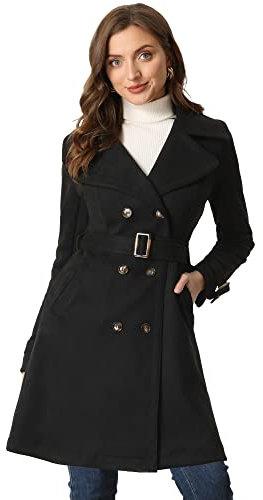 Allegra K Damen Trenchcoat Wildlederimitat Gekerbtem Revers Manschetten Zweireihig Bindegürtel Mantel Schwarz M