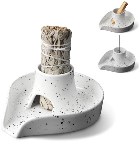 Sage Holder Smudge Stick Burner Bowl Ceramics Incense Holder Burning Bowl for White Sage/Palo Santo Stick/Incense,Easy to Clean 3 in 1 White Sage Bundle Smudge Bowl (Grey)