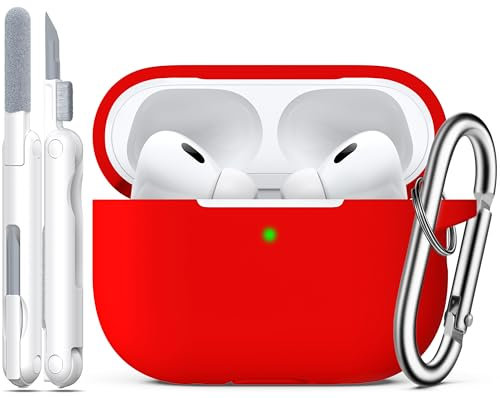R-fun AirPods Pro 2. / 1. Generation Schutzhülle Hülle Case mit Reinigungsset,Vollsilikonschutz für Apple AirPods Pro 2023/2022/2019 Ladehülle [Front-LED Sichtbar]-Rot