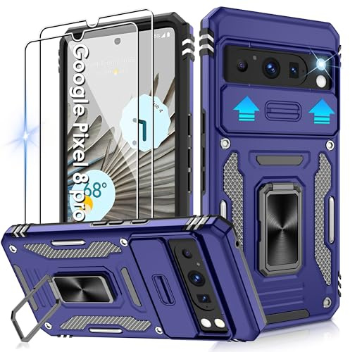 Jshru for Google Pixel 8 Pro Case with Screen Protector [2 Pack] and Slide Camera Cover,Military Grade Shockproof,Armour Phone Cover with Ring Kickstand,Blue