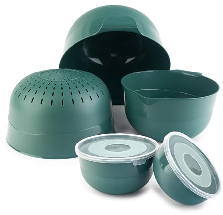KADAX Schüsselset 5-tlg. mit Deckel, Salatschalen, Plastikschüsseln zur Aufbewahrung von Speisen, Obstschalen, Stapelbare Servierschalen, Rührschüsseln (Grün)