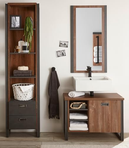 Furn.Design Badmöbel Set in Eiche Stirling und grau Matera Badkombination 3-teilig Waschbeckenunterschrank, Spiegel und Regalschrank im Industrial Desgin 140 x 205 cm Auburn (Set 3)
