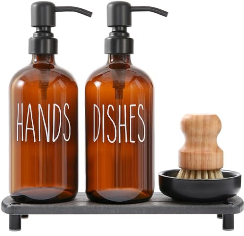 MOMEEMO Distributeur de savon en verre ambré avec pompes en acier inoxydable, plateau à séchage instantané et brosse à récurer, adapté pour distributeur de savon pour évier de cuisine (ambre)