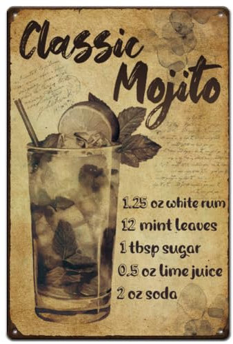 SUPERDANT Klassisches Mojito-Metallschild, Getränke, Blechschilder, Mojito-Formel-Vintage-Kunstschild, Retro-Metallposter für Küche, Bars, Pub, Spielzimmer, Männerhöhle, Wanddekoration, Schild