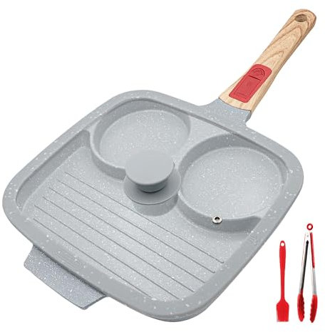 RANX INGST Divided Frying Pan with Lid 3 in 1, Non Stick Ceramic Coating, 26 cm Multi Section Egg Frying Pan with Detachable Handle Breakfast Pan - Blue