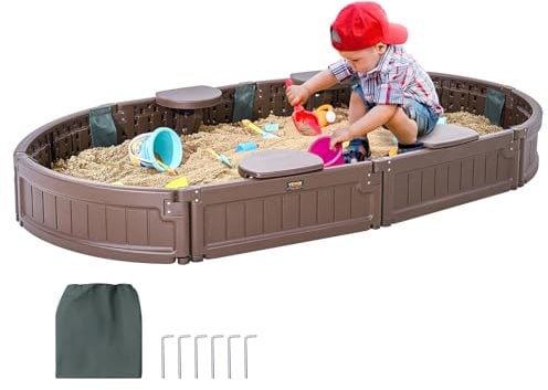 VEVOR Bac à Sable avec Couvercle, 1830 x 1055 x 230 mm, bac à Sable Ovale en PEHD avec 4 sièges d'angle et Doublure inférieure, pour Jardin extérieur, Plage, Cadeau pour Enfants de 3 à 12 Ans, Marron
