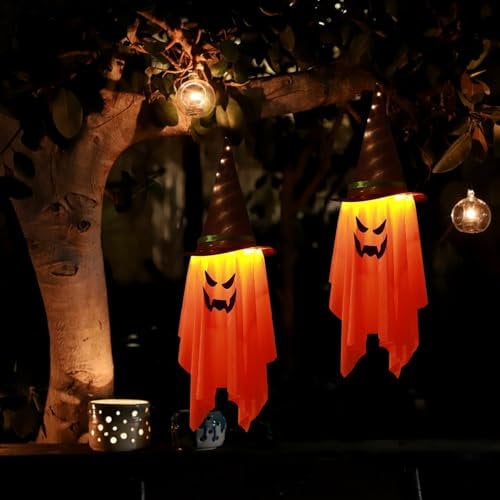 2 Pezzi Halloween Fantasma, Decorazioni da Appendere, Horror Addobbi Casa, Esterno Interno per Feste Cosplay Giardino (Arancione)