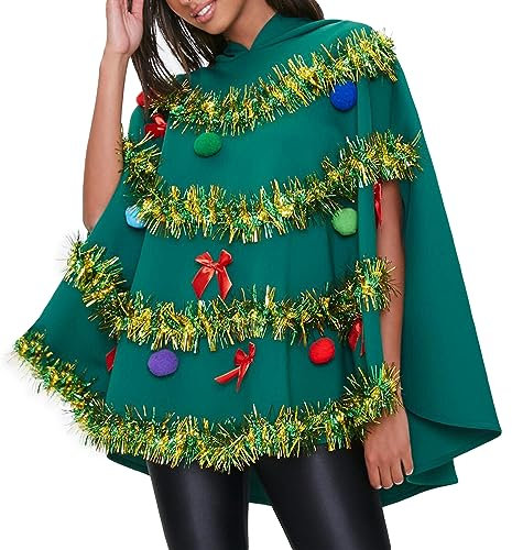 Licupiee Weihnachtsbaumkostüm für Damen Weihnachtsbaum Kostüm Cosplay Outfits Weihnachten Poncho Umhang, Grün , Small