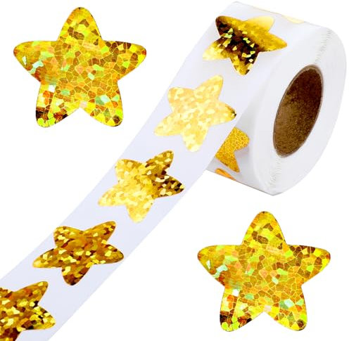 500 Stück Aufkleber Sterne, 2,5 cm Glitzer Sterne Aufkleber sterne sticker, Holografische goldene Sternenfolie Aufkleber, Selbstklebend, Sterne Belohnung Sticker für Weihnachtsdekoration (Gold)