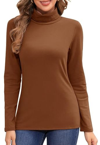 Jiuday Thermo Oberteil Damen Rollkragen Fleece Pullover Thermoshirt Langarm Warme Thermo Unterhemd Gefüttert Langarmshirt Gestreift Slim Fit Basic Tops Funktionsshirt im Winter (Braun,M)