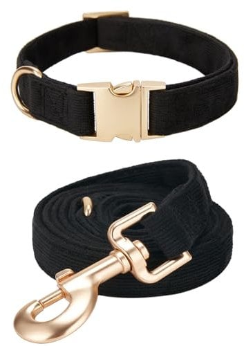 YUDOTE Hundehalsband und Leine Set Groß, Weiche Reizfreie Cord-Halsband-Leine Passende Combo für Den Täglichen Spaziergang, Schwarz